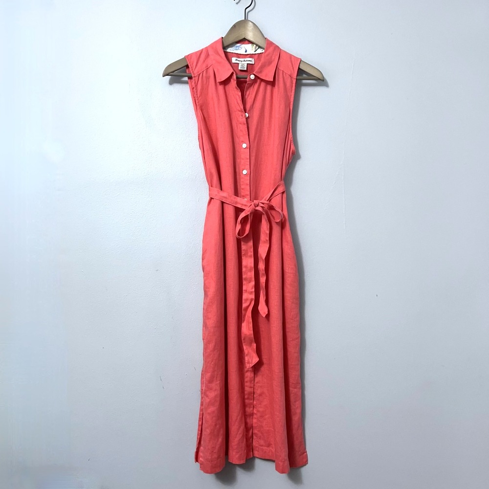 Tommy Bahama Linen Dress size Small Coral Sleeveless Pockets Button Front Belt